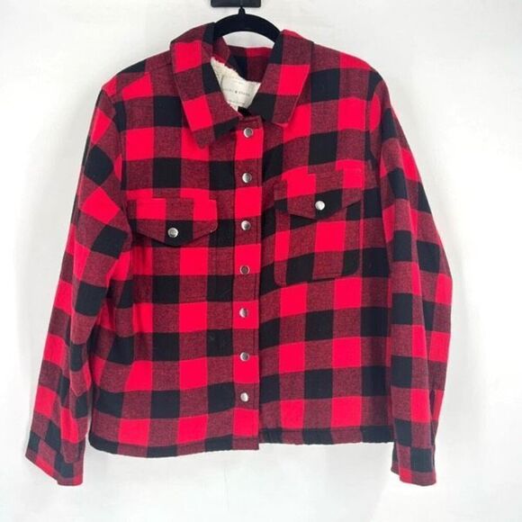 Lucky Brand Women's Sherpa Buffalo Plaid Flannel Shacket Jacket Red Black Large - Picture 1 of 11